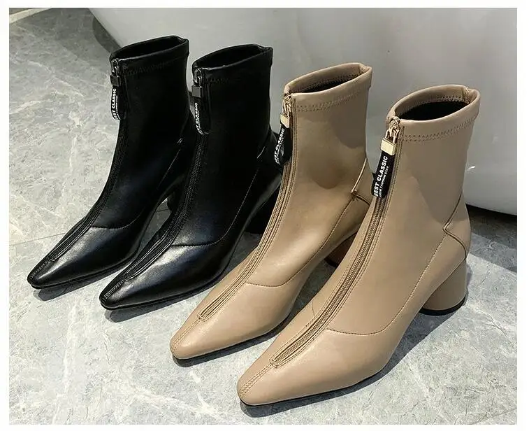 EOEODOIT/женские кожаные ботинки; мягкая обувь на молнии с квадратным носком; ботильоны на высоком каблуке 6 см; осенне-зимние женские модные ботинки