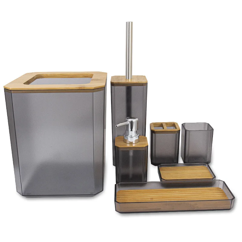 

Bathroom Accessories Set 6 Pieces Bamboo Room Set Toothbrush Holder Soap Dispenser Toilet Brush Trash Can Bathroom Essential Set