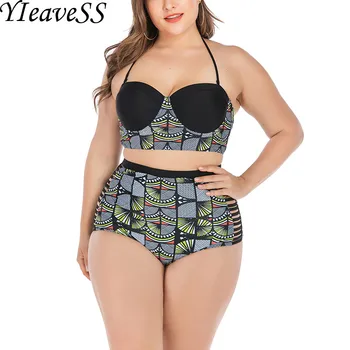 

L-4XL Sexy Push Up High Waist Bikini Set Plus Size Women Swimsuits Padded with Wire Tankini Set Big Cup Swimwear