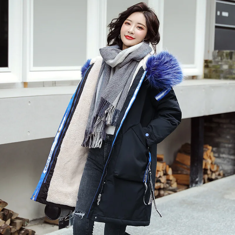 

2019 Winter New Style Korean-style down Jacket Mid-length Large Fur Collar Cotton-padded Clothes Women's Lambs Wool Inner Wearin