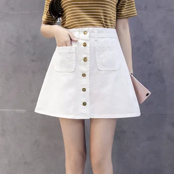 

summer new cotton-containing A-line denim skirt high waist button skirt solid color bag hip skirt white