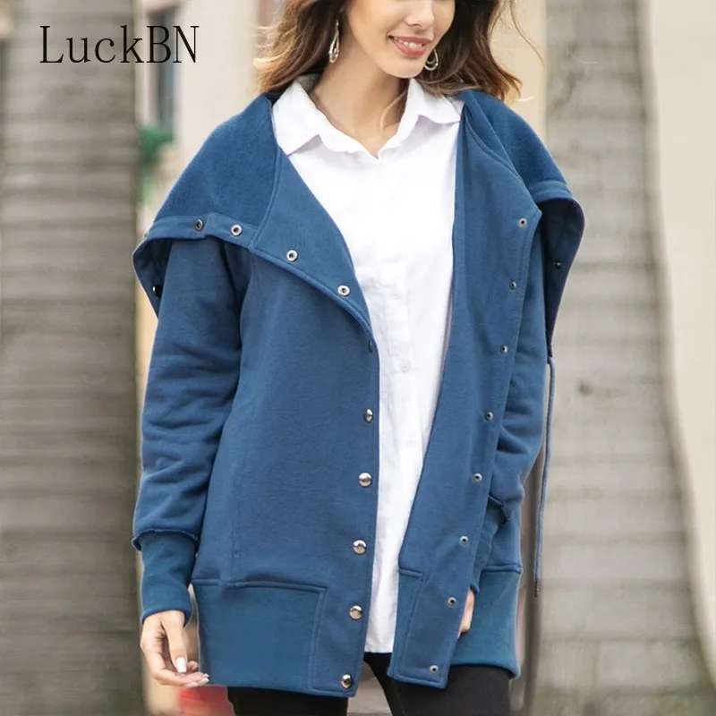 

2019 New Autumn Winter Hoodies Women's Clothing Drawstring Shawl Solid Color Button Irregular Sweatshirts Coat yellow Women