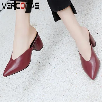 

VERCONAS Women Genuine Leather Mules Comfortable Pointed Toe Thick Heel Office Shoes Sandals Thick Heels Slippers Shoes Woman