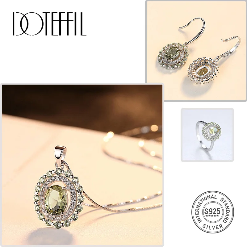 Green DOTEFFIL Olive Green Topaz Diamond Jewelry Set Ring/Earring/Necklace 925 Silver For Women Gift Fashion Wedding Fine Jewelry - Цвет камня: Green