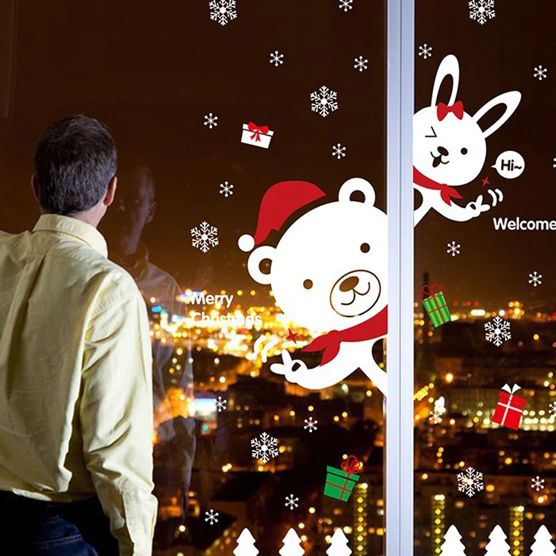 

Large Cartoon Christmas Stickers Door Window Showcase Removable Bear Rabbit Snowman Home Decor Decal PVC New Year Glass Mural