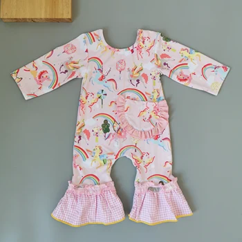 

New style baby ruffle romper with pocket Newborn Infant Baby Boy Girl clothes Cute Cartoon Printed Jumpsuit Climbing Clothes