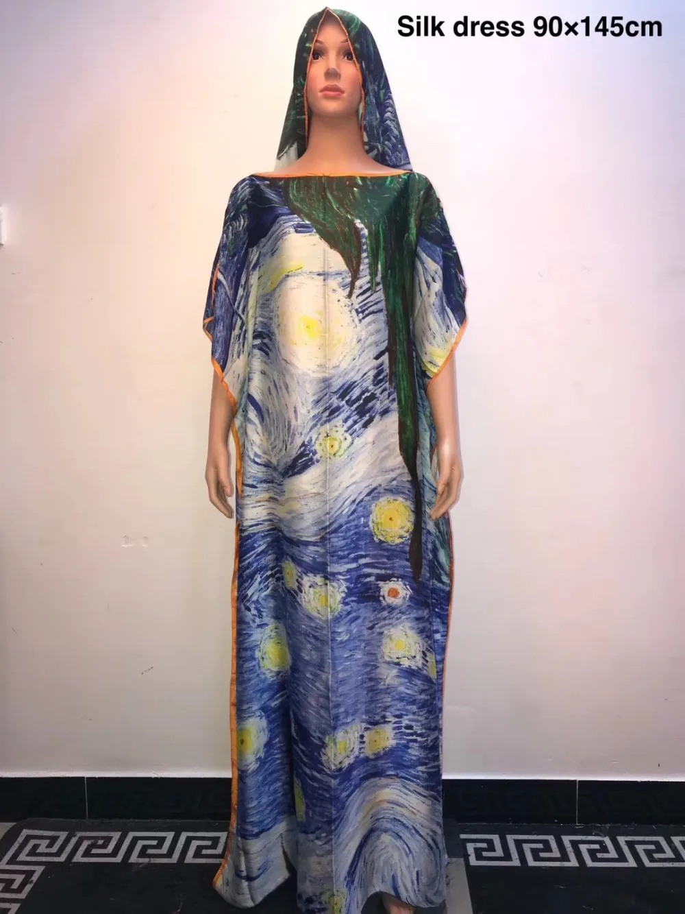 Новая мода кафтан шелковые платья Длина 145 см бюст 90 см африканские женские шелковые длинные халаты матч шарф африканские платья для женщин