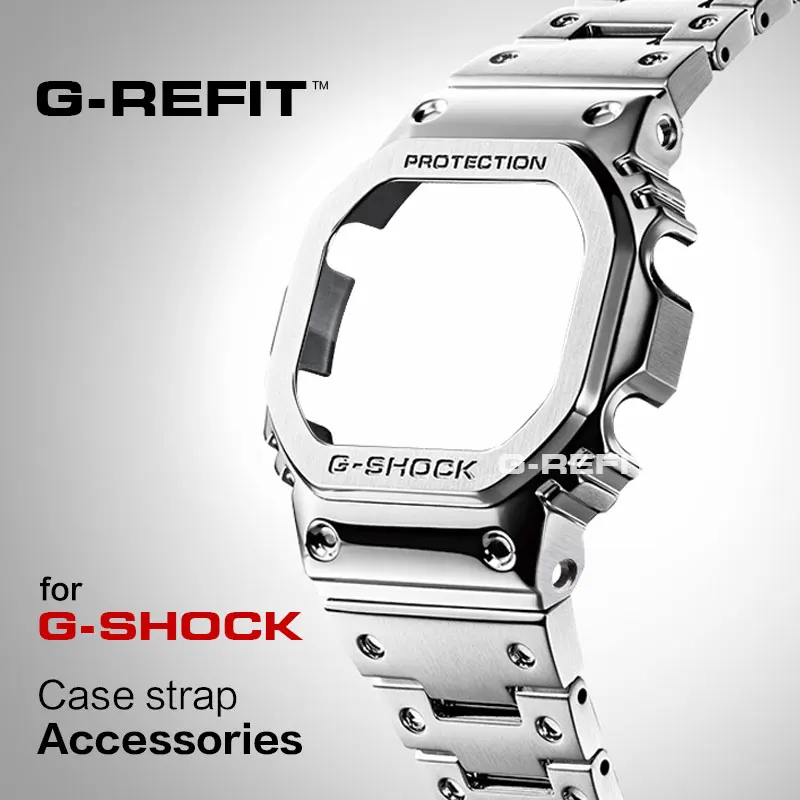 

G-Refit DW5600/5610 GW5600E DW/GW5000 Stainless Steel Watchband Case/Bezel 5000 DW5035 Accessories with Tools Silver Black Strap