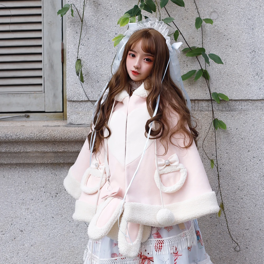 Melonshow Christmas Rabbit Cape Cloak Women Plus Size Pink Coat Tops Shawl Sleeveless Hooded Poncho Bow Hairball