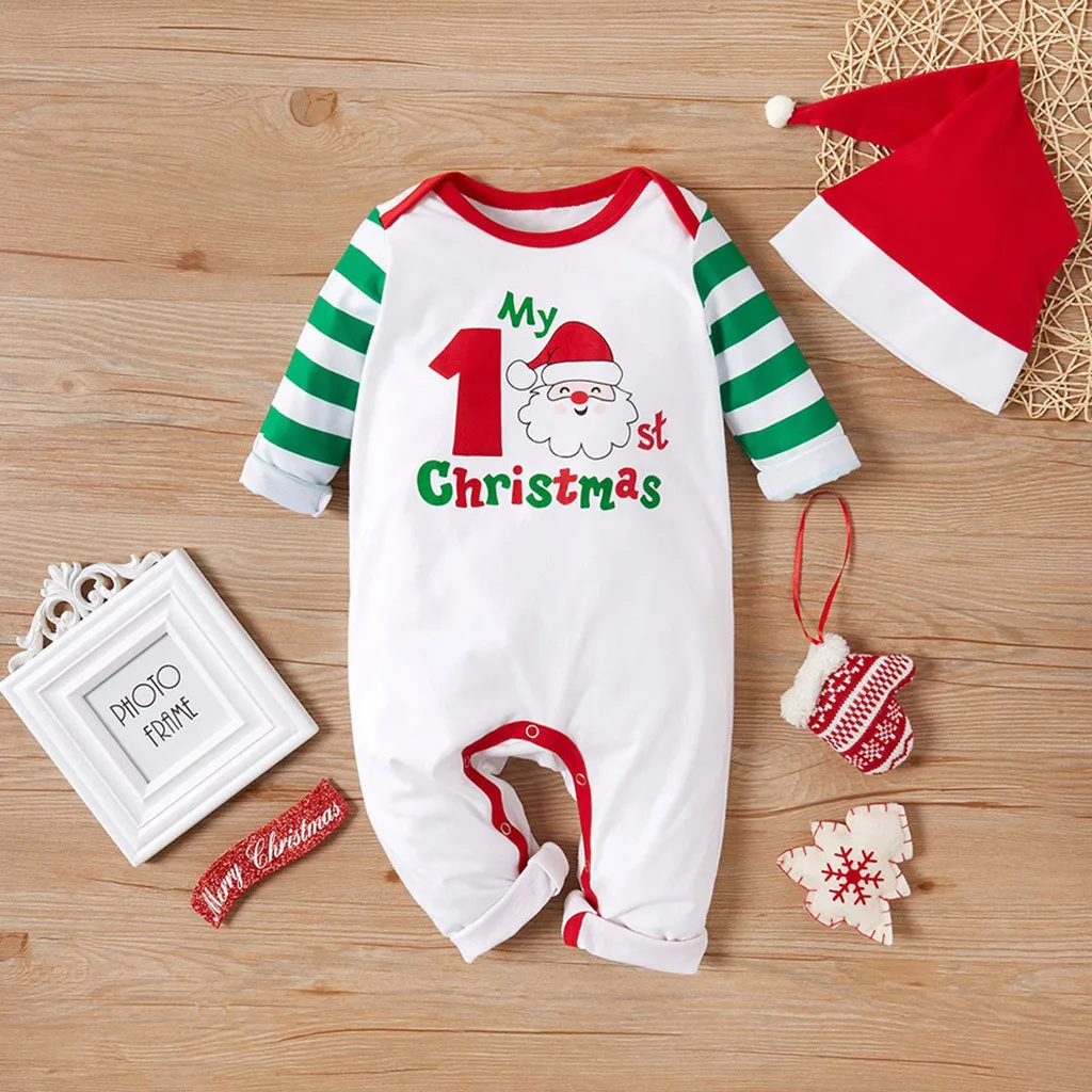 Детский Рождественский комбинезон; Одежда для новорожденных; комбинезон в полоску с изображением Санта-Клауса+ шапочка; костюм для малышей; комбинезон для маленьких девочек