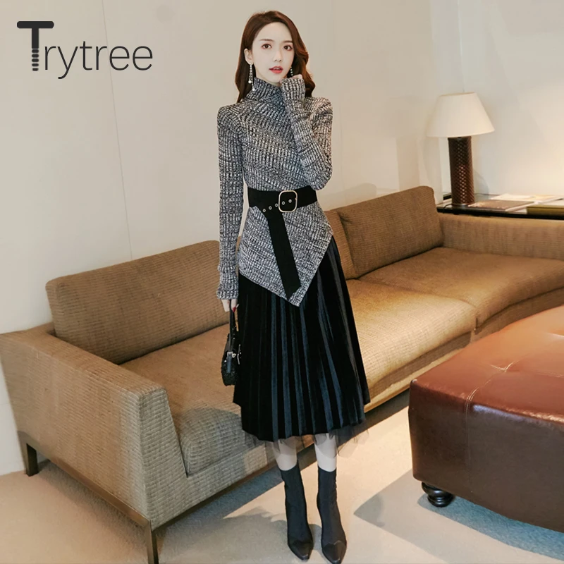 Trytree, осенне-зимний комплект из двух предметов, Повседневная водолазка, свободный неравномерный пояс, топ+ юбка в складку, Черный Модный комплект из 2 предметов