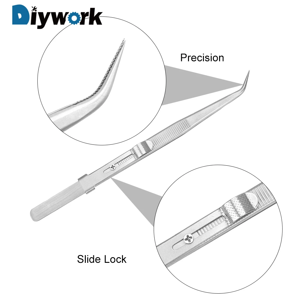 DIYWORK Presicion нержавеющая сталь антистатические Изогнутый наконечник Скользящий замок Регулируемый Пинцет для ювелирных изделий электронный пинцет