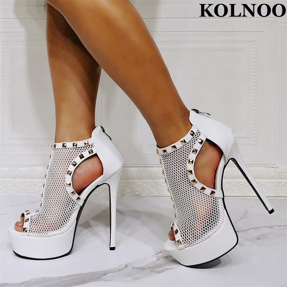 

Kolnoo New Classic Ladies Stiletto Heel Sandals Air-Mesh Peep-toe Sexy Platform Rivets Studded Evening Fashion Party Prom Shoes