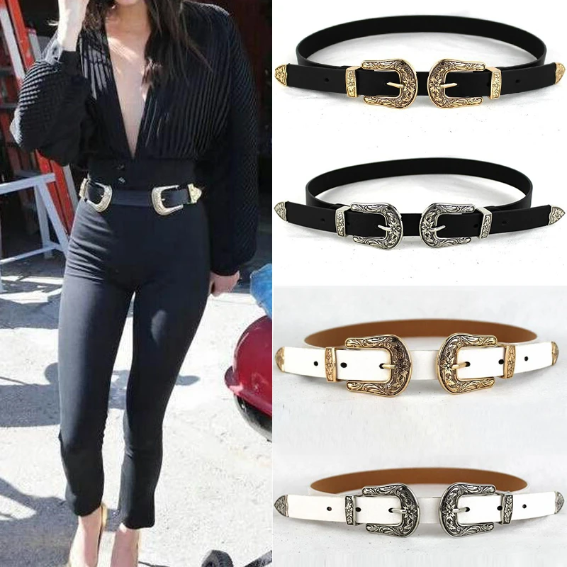 Women Black Leather Western Cowgirl Waist Belt Metal Buckle SI