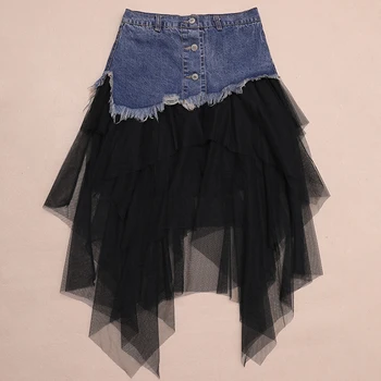 

Women Skirts Denim Stitching Mesh Voile Casual Mid-length Irregular Skirt A-line Faldas Elegant Black White Sexy Aesthetic