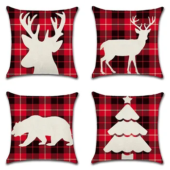 

4Pcs/set 18" Red Reindeer Cushion Cover Red White Reindeer Elk Pillowcase Sofa Xmas Decoration Home Car Chair Pillowcase