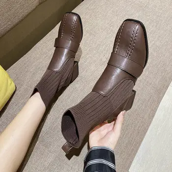 

Elastic Short Boots Woman Booties Women's Autumn/Winter Shoes Square Heel British Style Female Footware BLACK BROWN