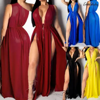

Womens Split Long Beach Dress Bikini Cover UpSleeveless Sexy V-neck Beachwear Party Maxi Dresses