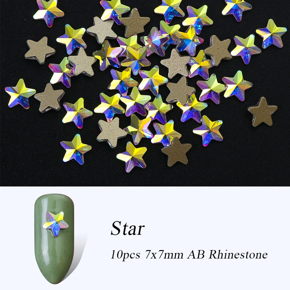 10pcs Star 7x7mm Искрящегося цвета Кристалл aб для ногтей драгоценные камни стразы для украшения ногтей, Стекло колеса в виде геометрических фигур цветок ювелирные изделия с бриллиантами декоративный камень для ногтей украшения для маникюра BE694-1 - Цвет: 10pcs Star 7x7mm
