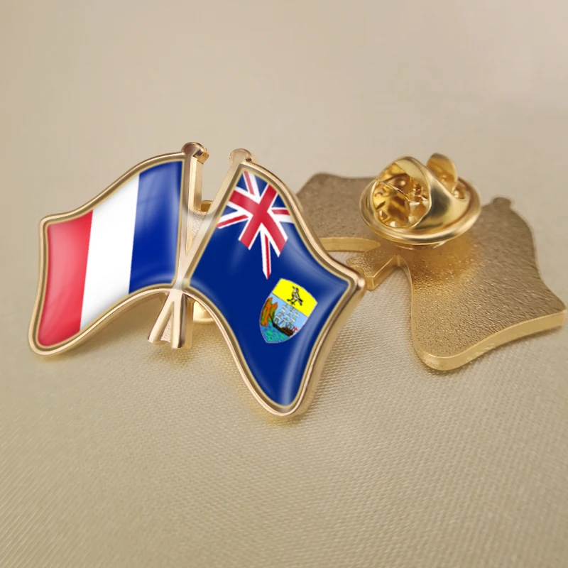 

France and St Helena Crossed Double Friendship Flags Lapel Pins Brooch Badges