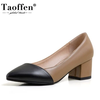 

TAOFFEN Square Heel Women Pumps Mixed Color Pointed Toe Shoes Women Shallow Soft Lady Office Party Mujer Footwear Size 30-43