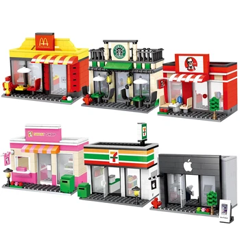 

City Mini street Retail Store Miniature Building Block Cafe McDonald Model dickens ville shop Compatible All Brands tiendas toy