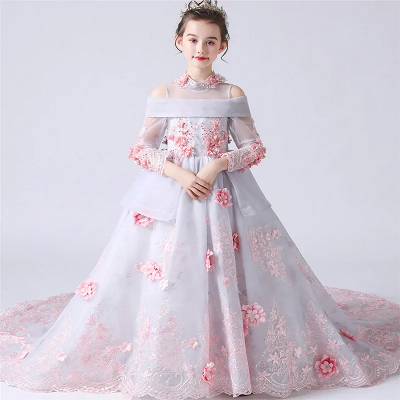 Высококачественное детское роскошное платье принцессы с длинным шлейфом, с цветочным узором, для вечеринки, дня рождения детское модельное платье для подиума
