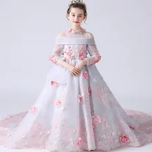 Высококачественное детское роскошное платье принцессы с длинным шлейфом, с цветочным узором, для вечеринки, дня рождения детское модельное платье для подиума