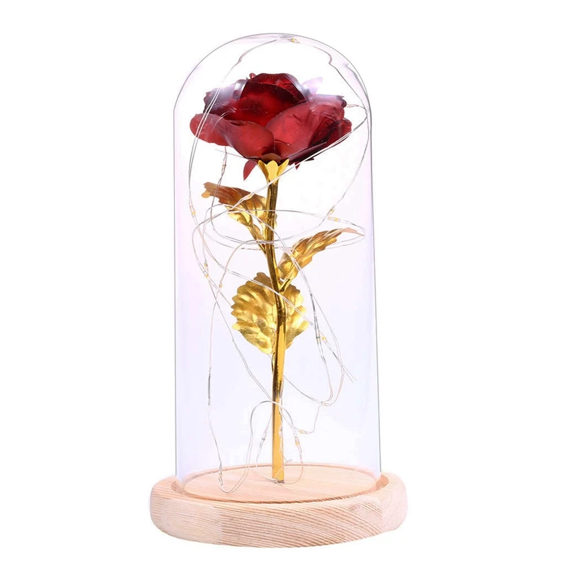 

Beauty & The Beast Gold-Plated Rose With Led Light In Glass Dome For Wedding Party Mother'S Day Gift Red
