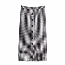 QZ807 Autumn Women's Front Split Buttons Deco Houndstooth Pattern Pencil Skirt Saias
