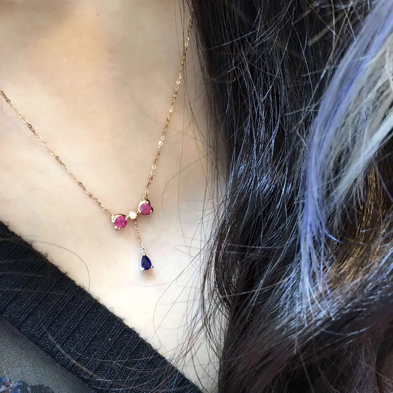 0.787ct рубин и ожерелье из сапфира с 0.031ct инкрустированный стразами 18K желтое золото драгоценный камень тонкий Рубин-ювелирные изделия для женщин