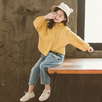 

Spring 2020 Teenage Girls Jeans Pants Clothing Sets Baby Big Girl Loose Cotton Blouses Shirts & Denim Pants Clothes Kids Suits