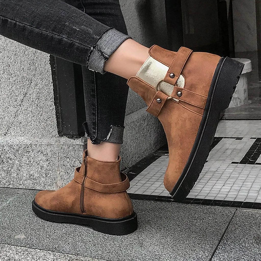 

2019 Women Marten Elastic Circle Metal Loop Flat Stylish Retro Shoes Women Zipper Ankle Boots Platform Autumn Early Winter Shoes