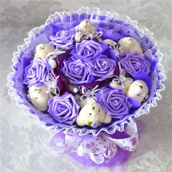 

Artificial PE Foam Rose Flowers with teddy bear plush creative flower bouquet Home Wedding Decor Valentine's Day gift