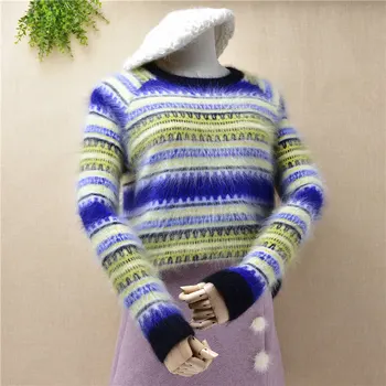 

Fashion ladies autumn and winter sweater color striped mink fabric round neck long sleeve slim pullover sweater