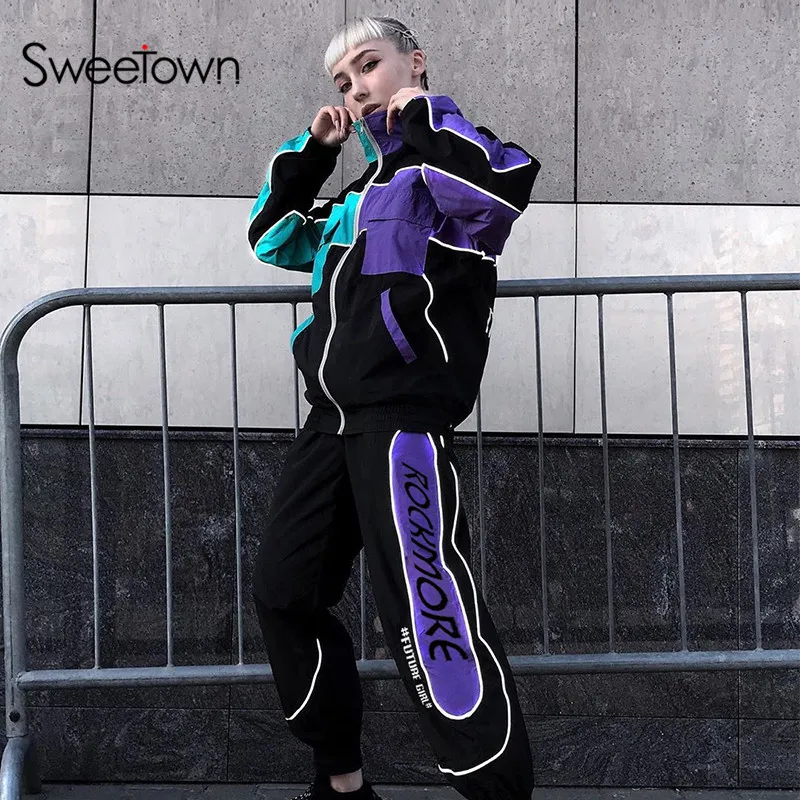Sweetown куртка-бомбер и брюки карго, комплект из двух предметов, лоскутный Топ и штаны, уличная одежда, повседневное женское пальто и спортивные костюмы для бега