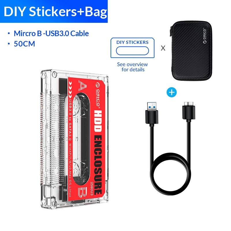 ORICO 2.5'' Hard Drive USB3.0 Type-C HDD Enclosure External Transparent HDD Case DIY Stickers for SSD HDD Cassette Tape Design hard drive disk enclosure HDD Box Enclosures