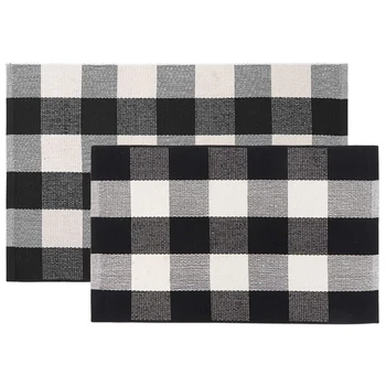 

Indoor Outdoor Doormats Checkered Rug,2 Piece Set Black and White Plaid Rug Handmade Woven Throw Rugs Includes 1.5Inch x 2.3Inch