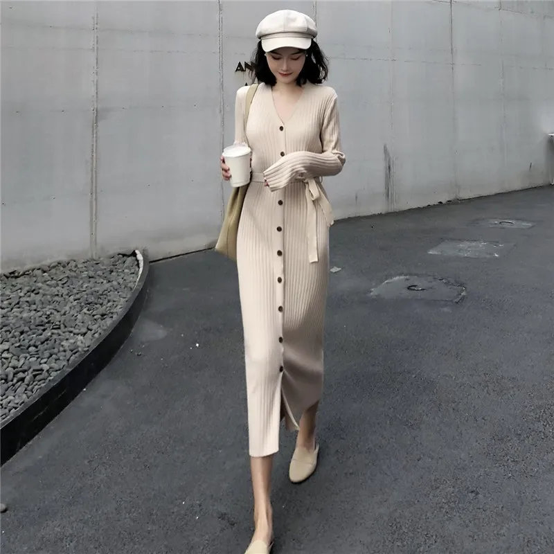 

Winter women dress 2020 Solid v-neck autumn winter knitting dress women accept waist temperament female long sweater