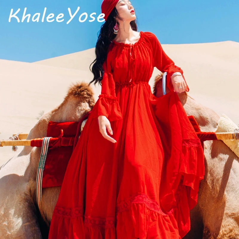 KHALEE YOSE красное винтажное осеннее платье макси Бохо длинное платье женское с длинным рукавом оборками эластичный шифоновый пояс сетка праздничные платья