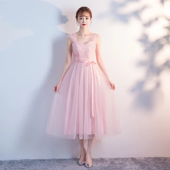 

Pink Burgundy Bridesmaids Dresses Elegant Wedding Party Plus Size Tulle Tea-Length Simple Dress Sexy Prom Azul Royal Vestidos