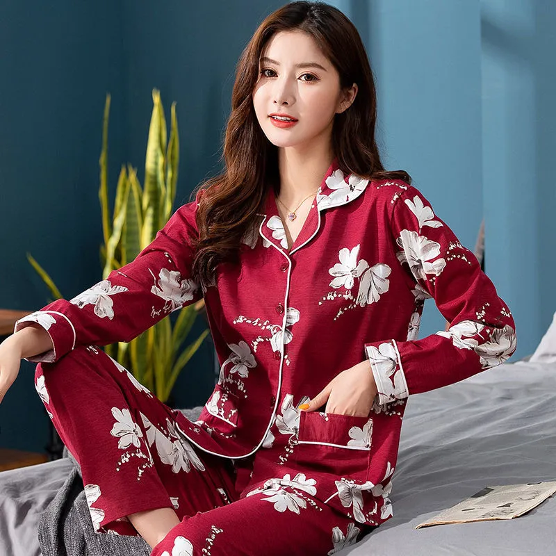 UHYTGF pajamas womens cotton long sleeve printing comfortable spring autumn nightie for women loose big size home clothes 1753