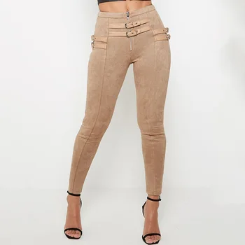 

Women Casual Pants Belt Embellished Deerskin Trousers Zipper Button Skinny Pencil Pants Fashion Sweet Sexy Spring Fall Winter