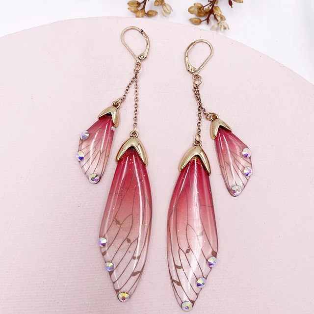 Fairy Resin Butterfly Earrings for Women Shining Crystal Flake Double Wing Long Drop Earrings Ladies Wedding Party Jewelry 2020 CP-Red