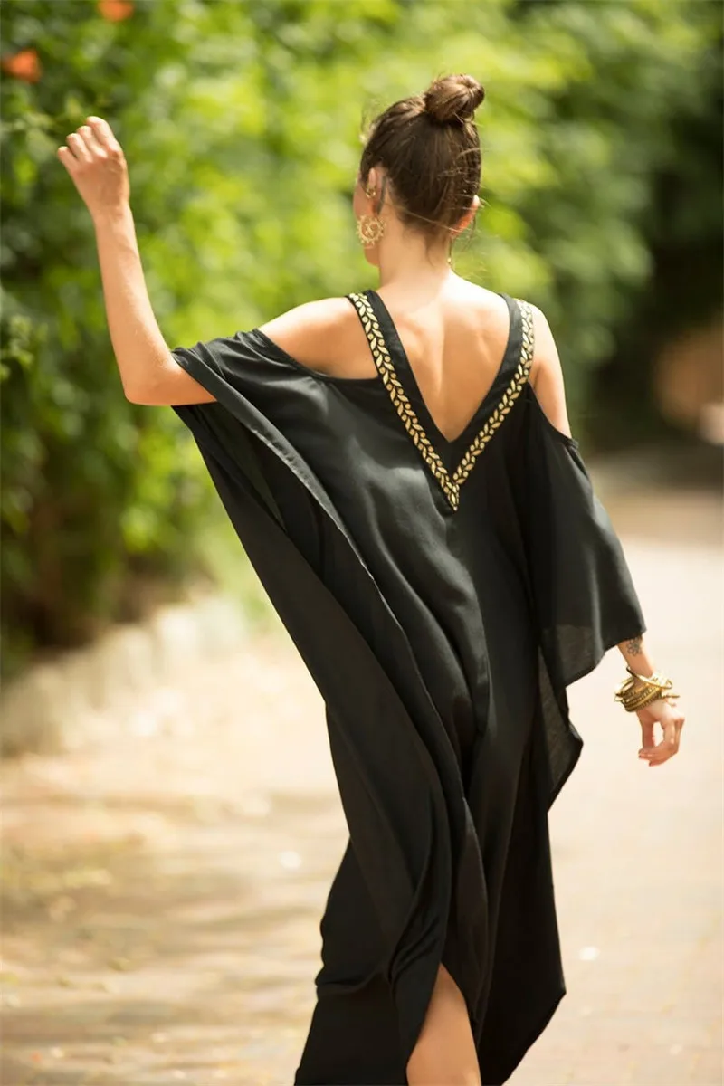 Сексуальное свободное летнее пляжное платье с открытыми плечами, v-образным вырезом и рукавами летучая мышь размера плюс, женская пляжная одежда, черное Хлопковое платье-Кафтан N943