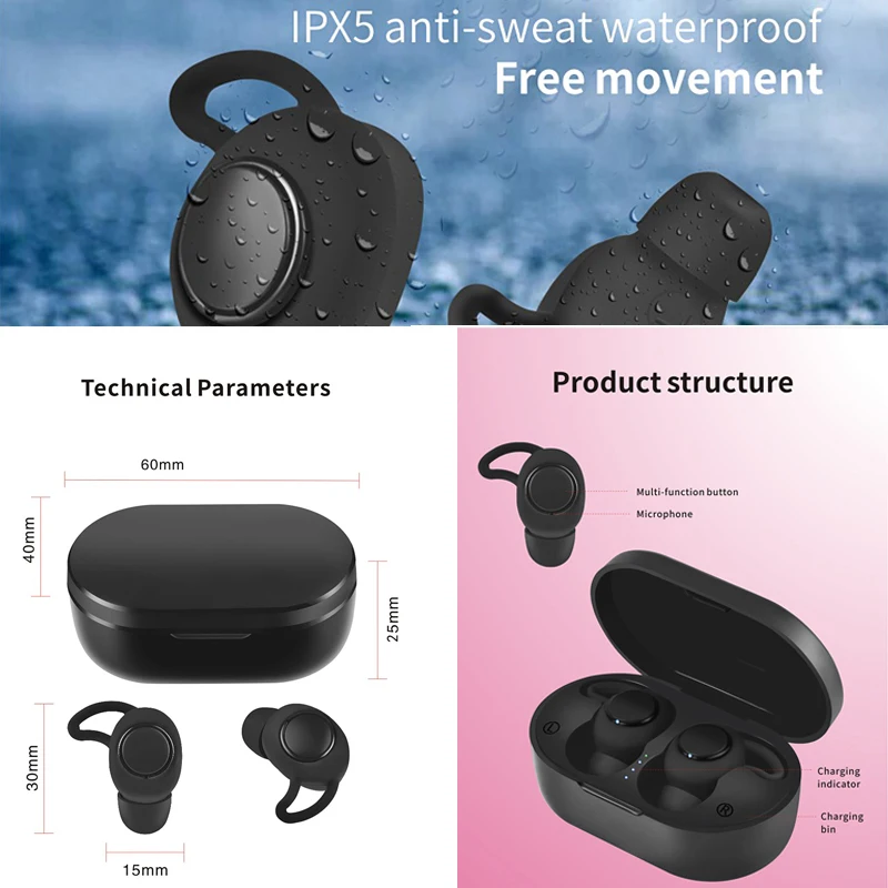 TWS Bluetooth 5,0 беспроводные наушники power In Ear Mini наушники HiFi 5D спортивные стереонаушники IP5 Водонепроницаемая гарнитура без головок