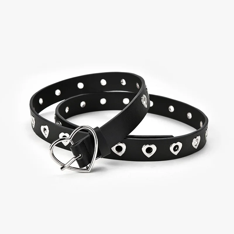 Women Belt Fashion Leather Punk Belt with Adjustable Love Heart Holes Luxury Designer Buckle Belt for Dress Jeans Cool Boy Girl