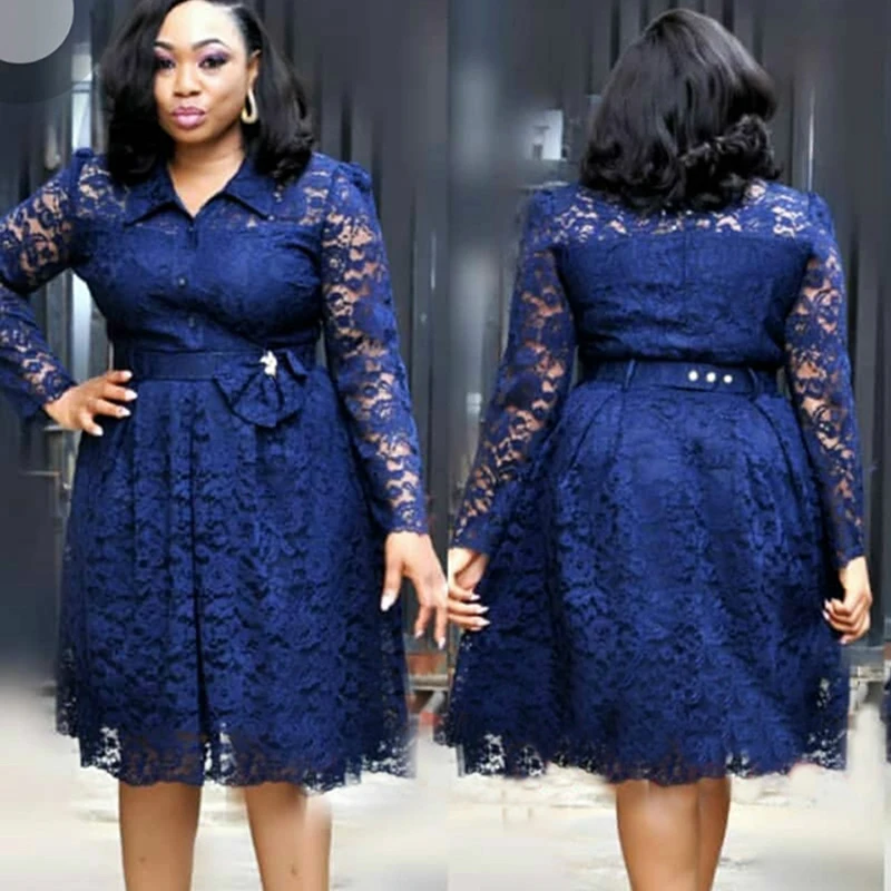 

Plus Size African Dresses For Women Long Sleeve Lace Floral Hollow Out Shirt Dress Knee Length Robe Africa Lace Gown Party Dress