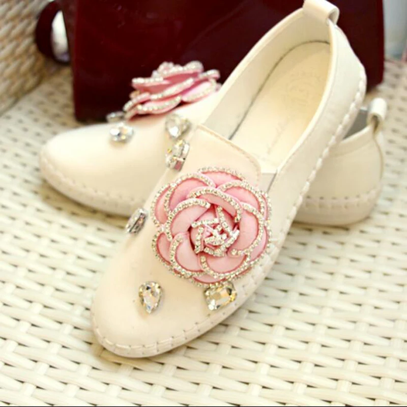 

Pink flower genuine leather flats woman luxury designer rhinestone espadrilles women crystal floral flat shoes