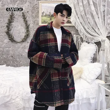 

Men Wool Shirt Coat High Streetwear Fashion Hip Hop Casual Loose Plaid Shirt Jacket Outerwear Male